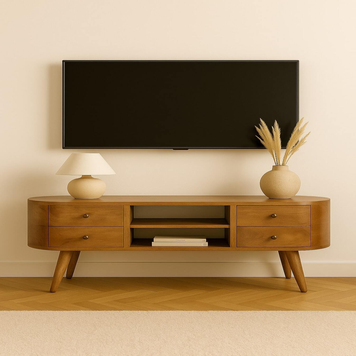 Solid Wood Rounded Entertainment Unit - Brown
