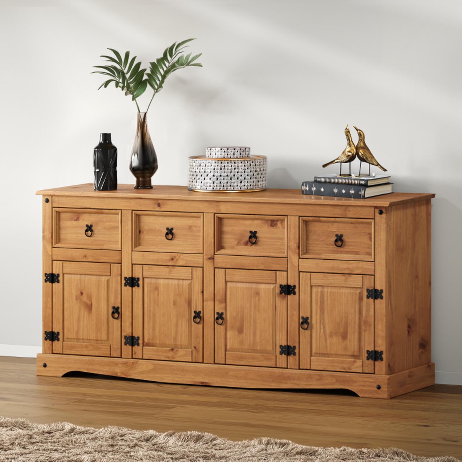 Corona 4 Door 4 Drawer Sideboard Large Solid Wood Pine Wooden Cabinet - Antique Wax
