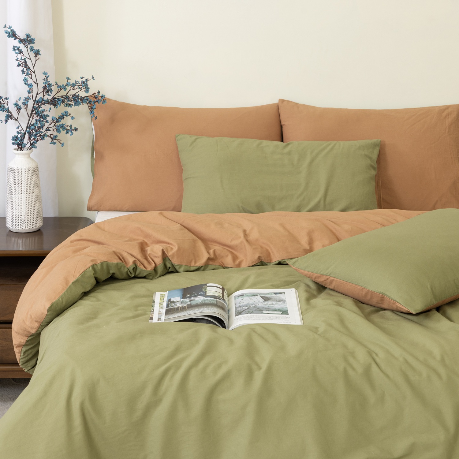 Mhg Living Reversible Olive Green Double Duvet Cover Set - Premium 100% Cotton Percale, Button Closure