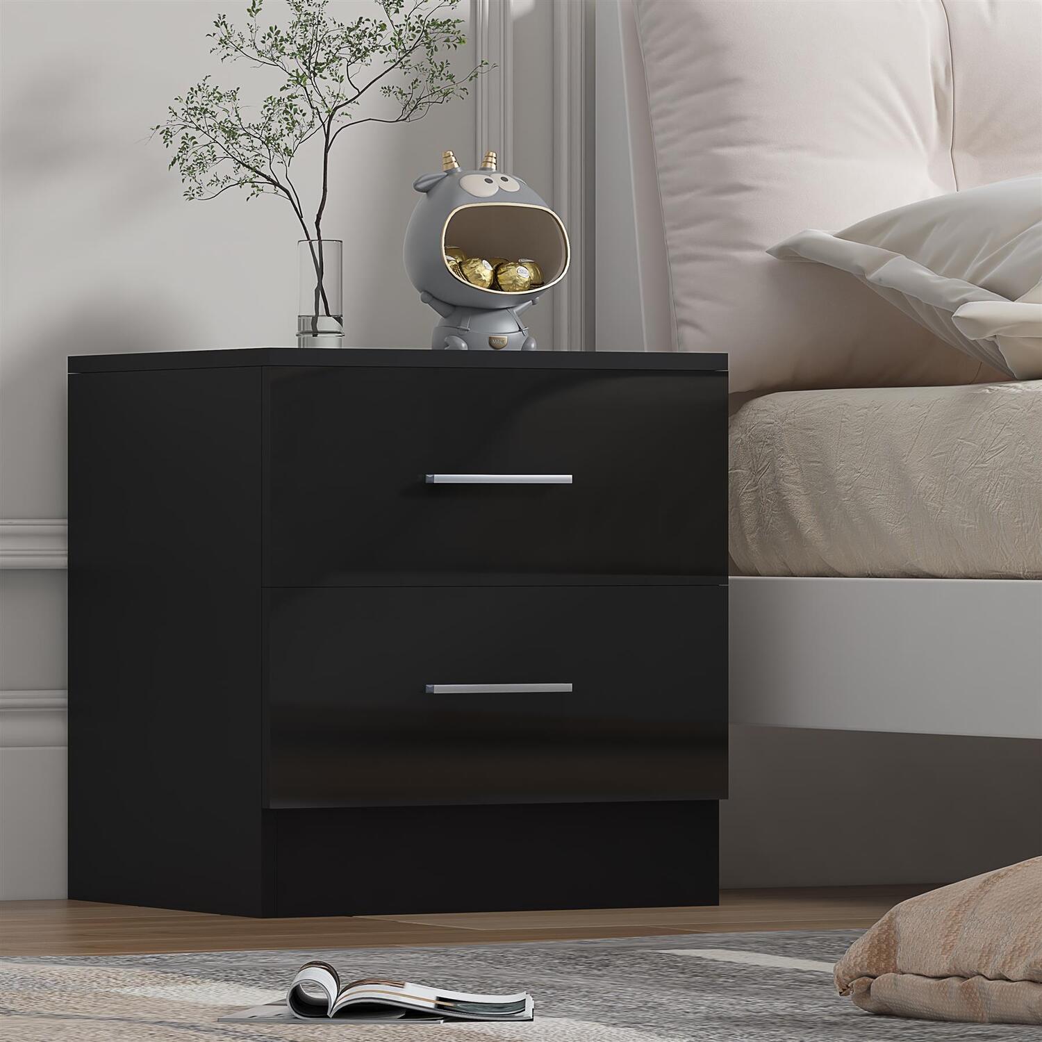 B&Q - 2 Drawer BedsideBlack Gloss & Black OakModern Nightstand For Bedroom StorageH: 48.5Cm X W: 45Cm X D: 39.5Cm - Image 6