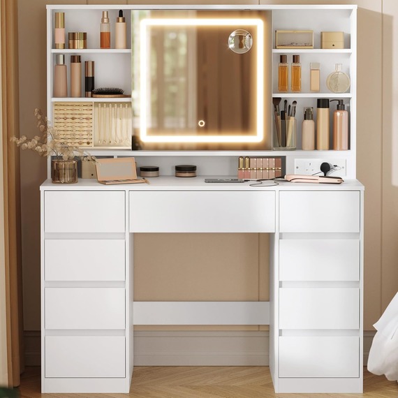 VASAGLE Dressing Table with LED Mirror, Vanity Desk with Power Outlets