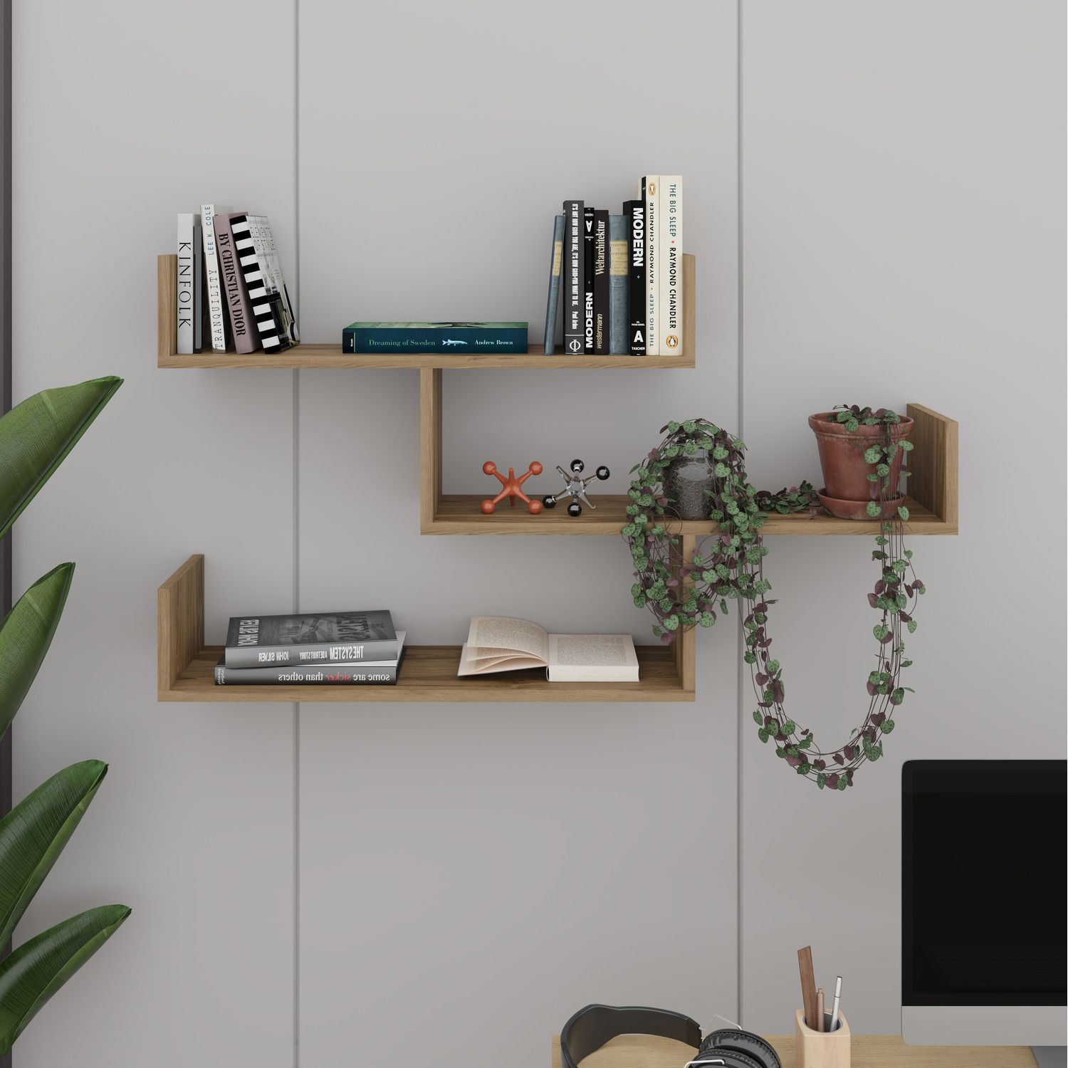 Decortie Tibet Wall Mounted Modern Bookcase Display Unit - Deep Oud