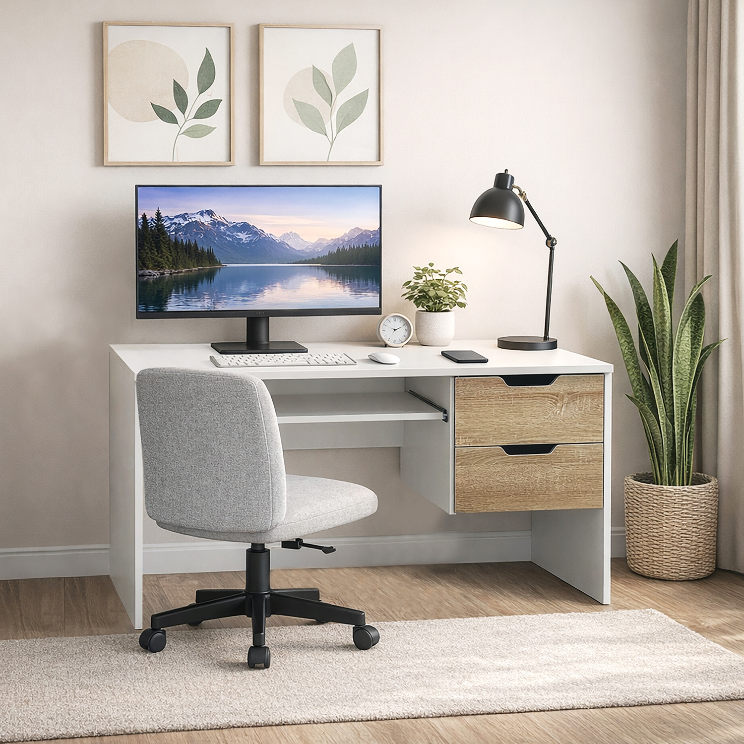 Kidsaw 2 Drawer Modern Home Office Desk With Keyboard Tray White And Oak - Image 5