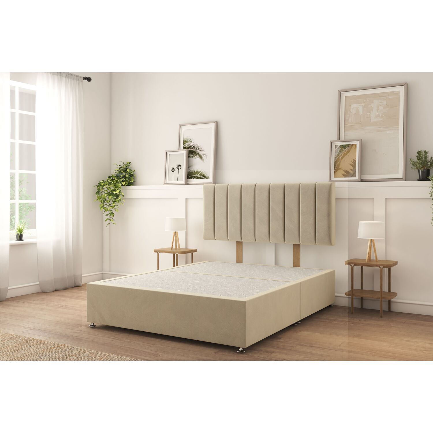 Sloomy Kansas Cream Plush Divan Bed Base No Drawers 26 Inch Strutted Headboard - Cream / 1200Mm