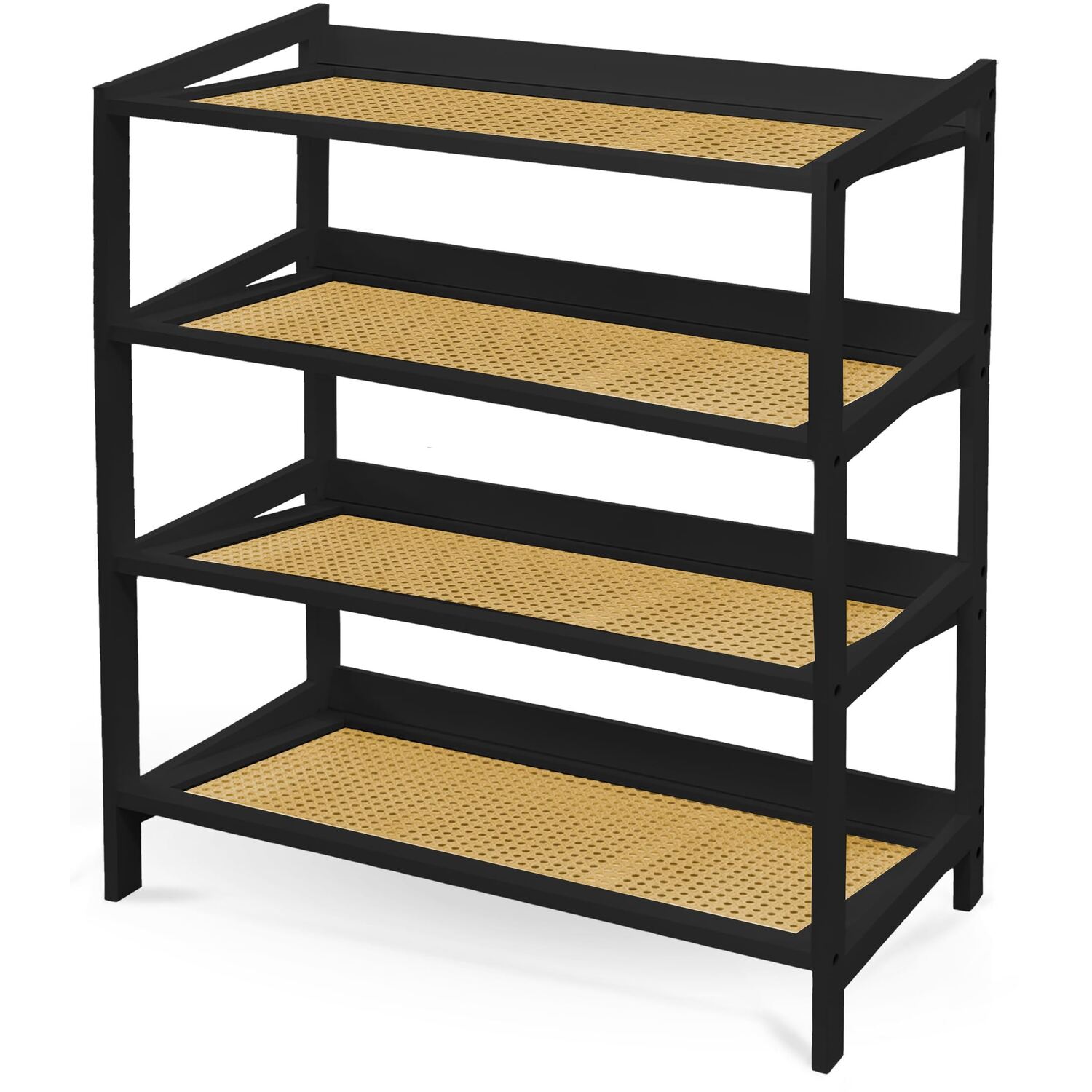 Keplin Bamboo And Rattan Shoe Rack Organiser, Black And Natural, 4 Tier - Image 2