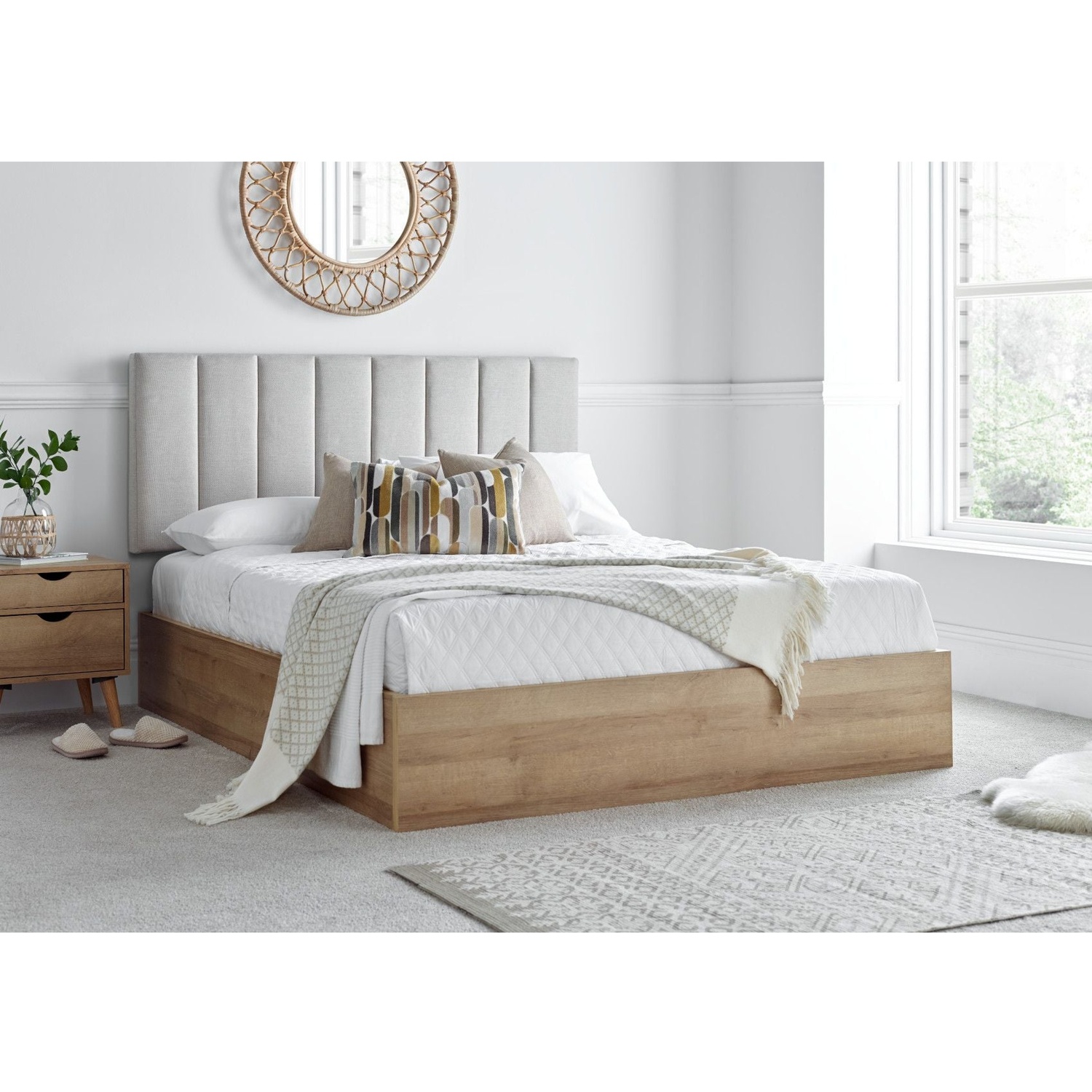 Time4sleep Wooden Ottoman With Off-White Upholstered Headboard - Double - White