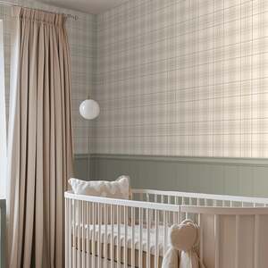 Sample of Traditional Check Panel Wallpaper in Cream and Sage with Sage Panel