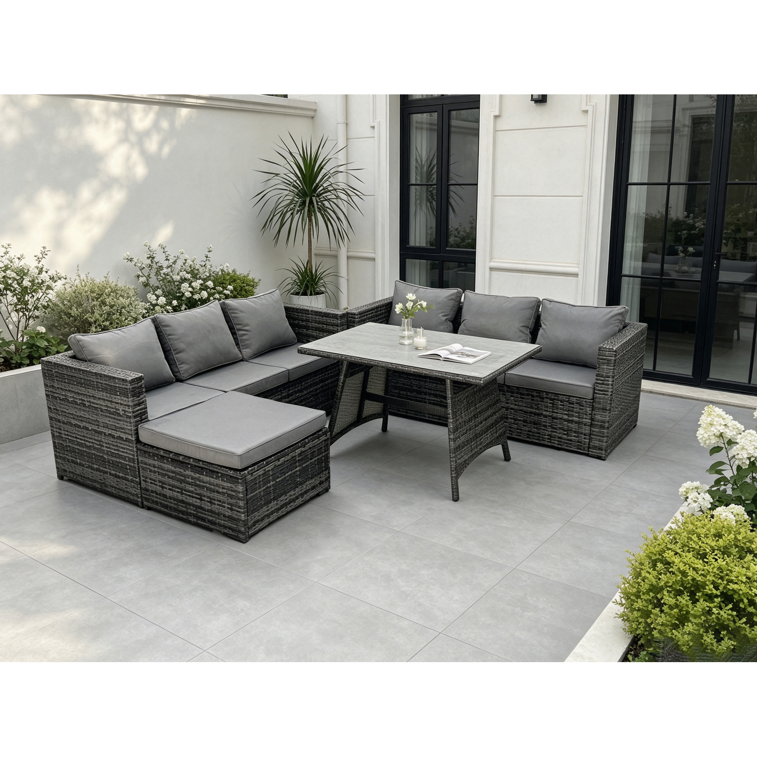 Fimous 7 Seater Wicker Pe Rattan Garden Dining Set Outdoor Furniture Sofa With Dining Table Big Footstool - Image 3