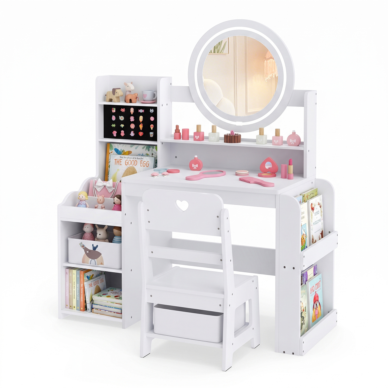 Costway Kids Vanity Desk With Mirror Bookshelf And Lights-White - White