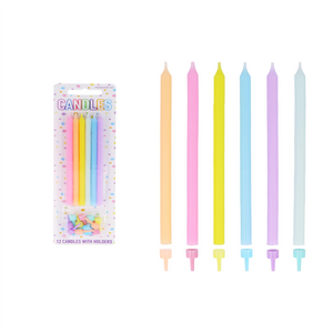 Pack of 12 Pastel Party Tall Candles with Holders (12.5cm)
