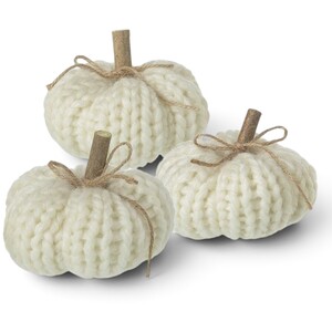 Set of Three Cream Knitted Pumpkin Decorations