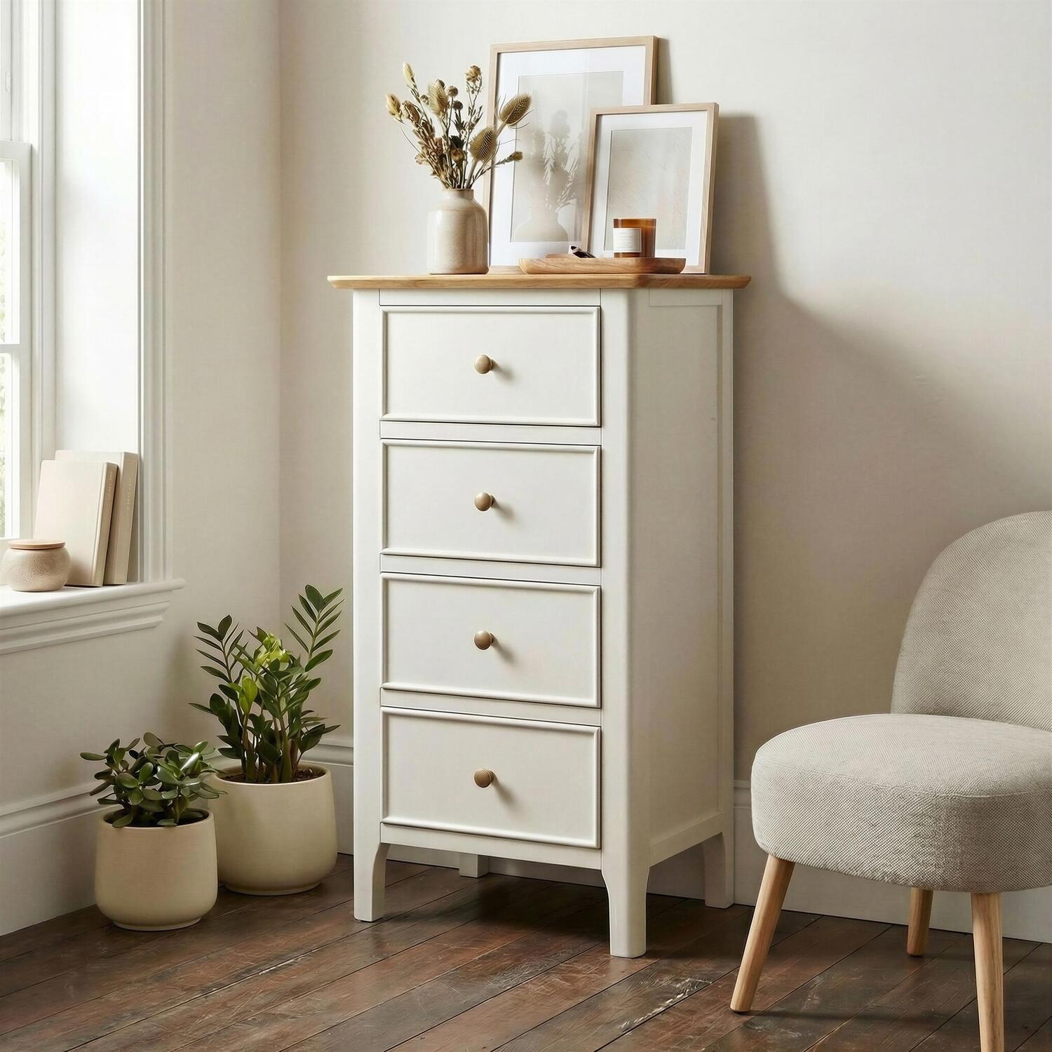 Furniturebox Uk Belle 4 Drawer Tall Solid Oak Small Chest Of Drawers - Oak & Cream