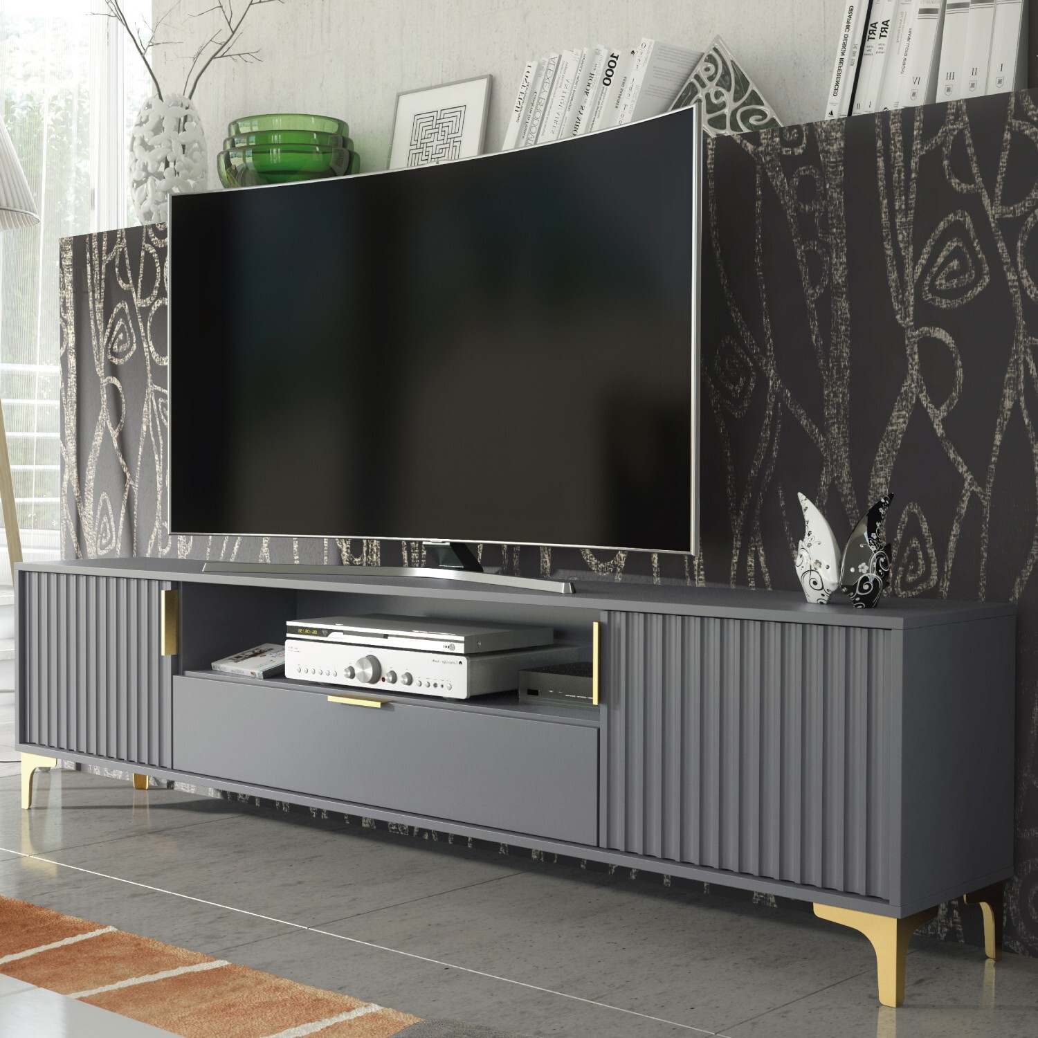 Mex Furniture Ltd Tide Crest Wide Tv B - Dark Grey With Fluted Doors