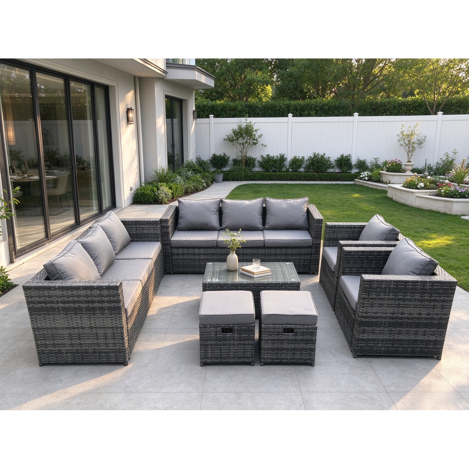 Rackhams Dark/Grey Wicker Pe Rattan Sofa Set Outdoor Patio Garden Furniture With 2 Armchairs Oblong Coffee Table 2 Small Footstools Mixed - Image 2