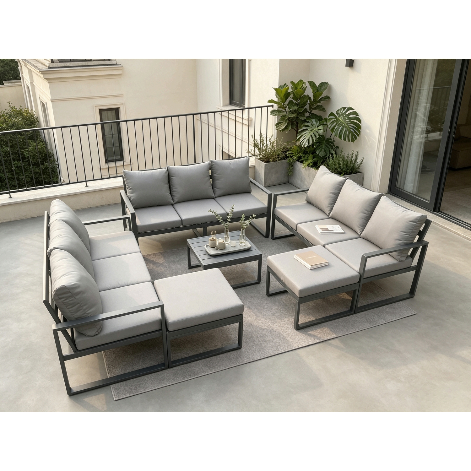Fimous Unisex Dark Grey Aluminium Outdoor Garden Furniture Set Patio Lounge Sofa With Square Coffee Table Big Footstools Conservatory Set Size 2 - Image 2