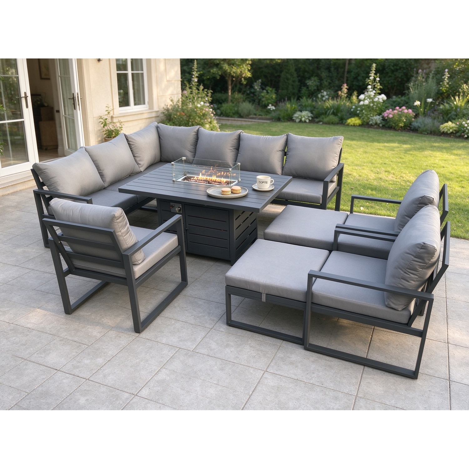 Rackhams Dark/Grey Aluminium Patio Outdoor Garden Furniture Corner Sofa Set Gas Fire Pit Dining Table With 3 Chairs 2 Big Footstools - Image 2