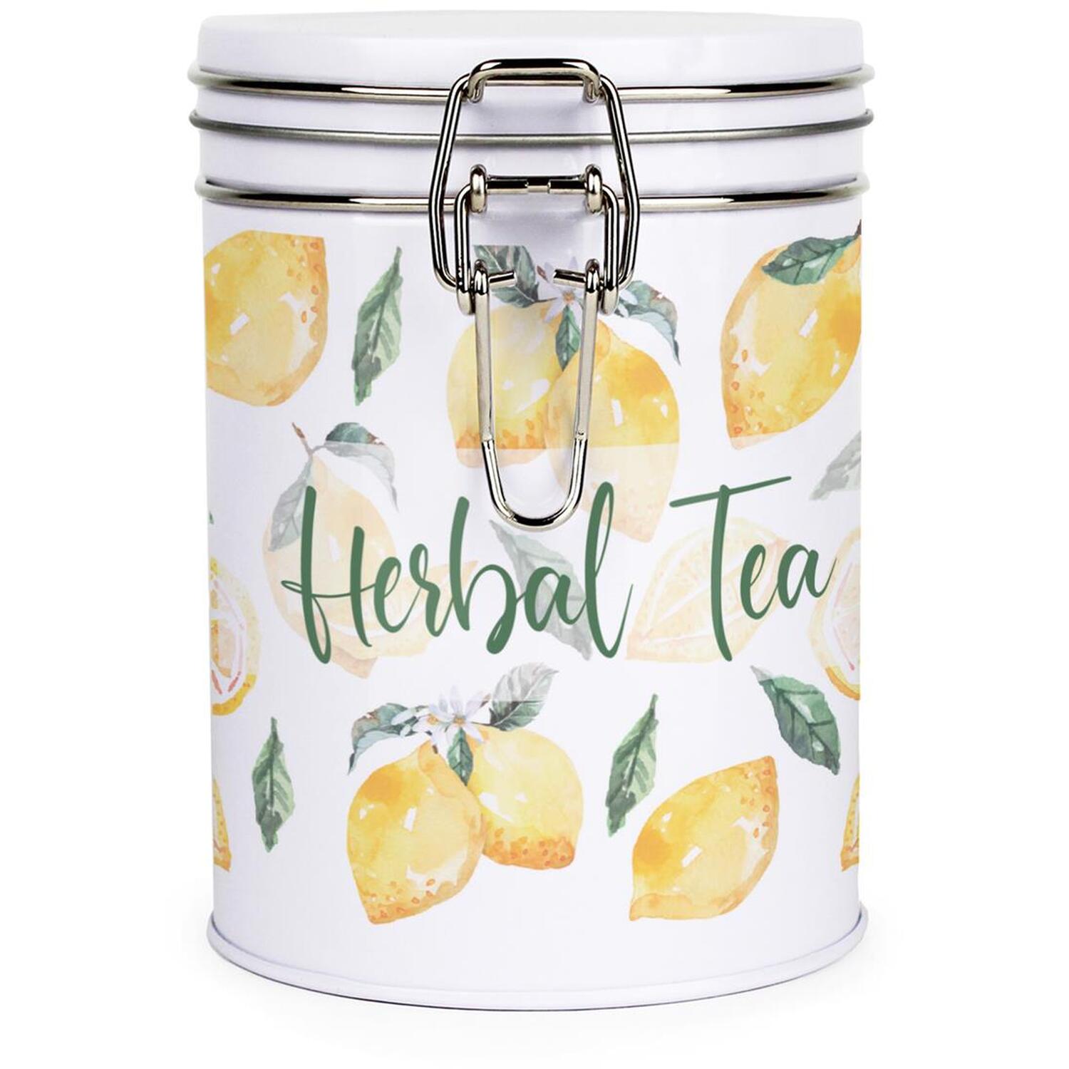 Lemon Print Herbal Tea Canister - Stylish Metal Clip-Lid Kitchen Storage Gift - Image 2