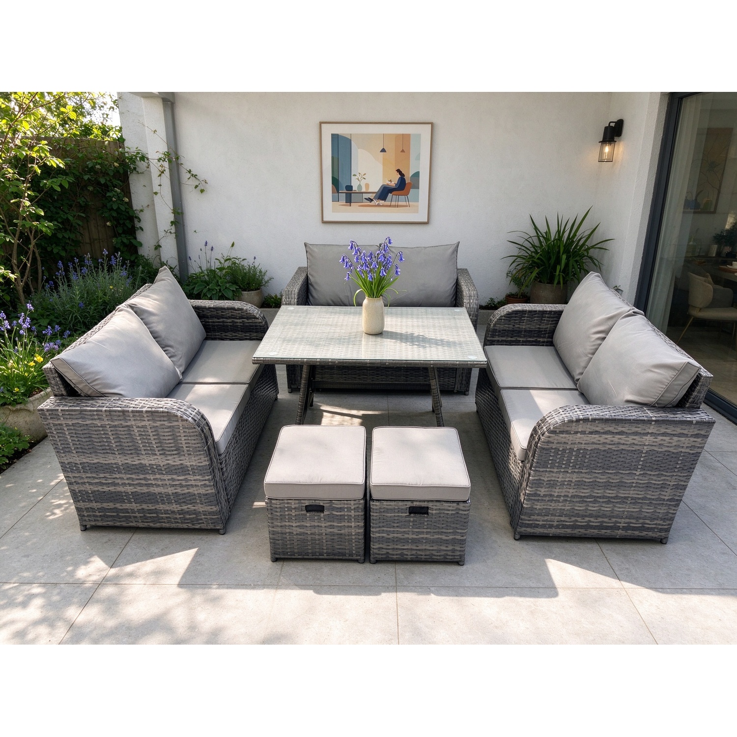 Rackhams Dark/Grey Outdoor Rattan Garden Furniture Set 8 Seater Patio Love Sofa Set With Rectangular Dining Table 2 Small Footstool Mixed - Image 2