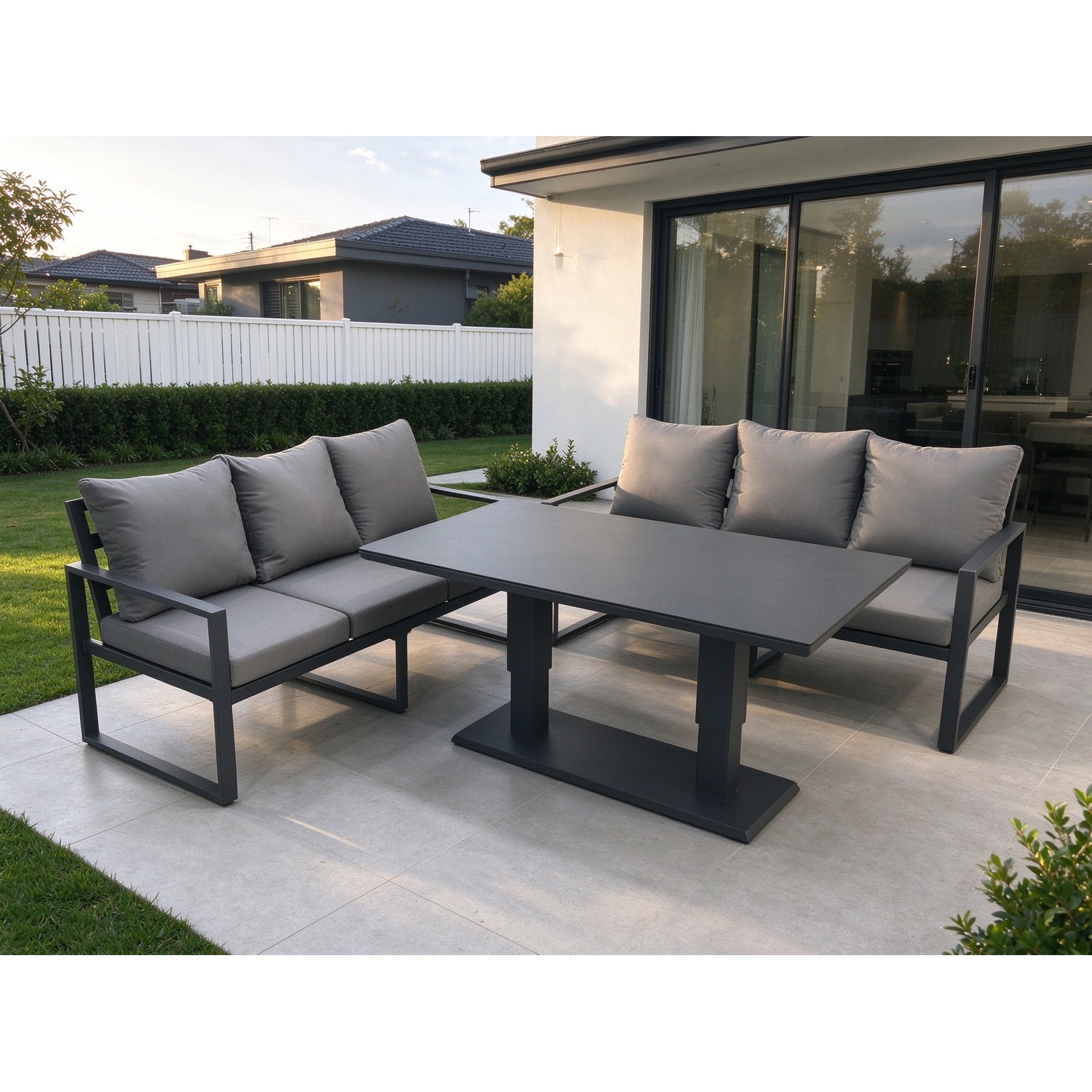 Fimous Unisex Dark Grey Seater Aluminium Outdoor Garden Furniture Set With Adjustable Rising Lifting Dining Table 3 Seater Sofa Size 6 - Image 2
