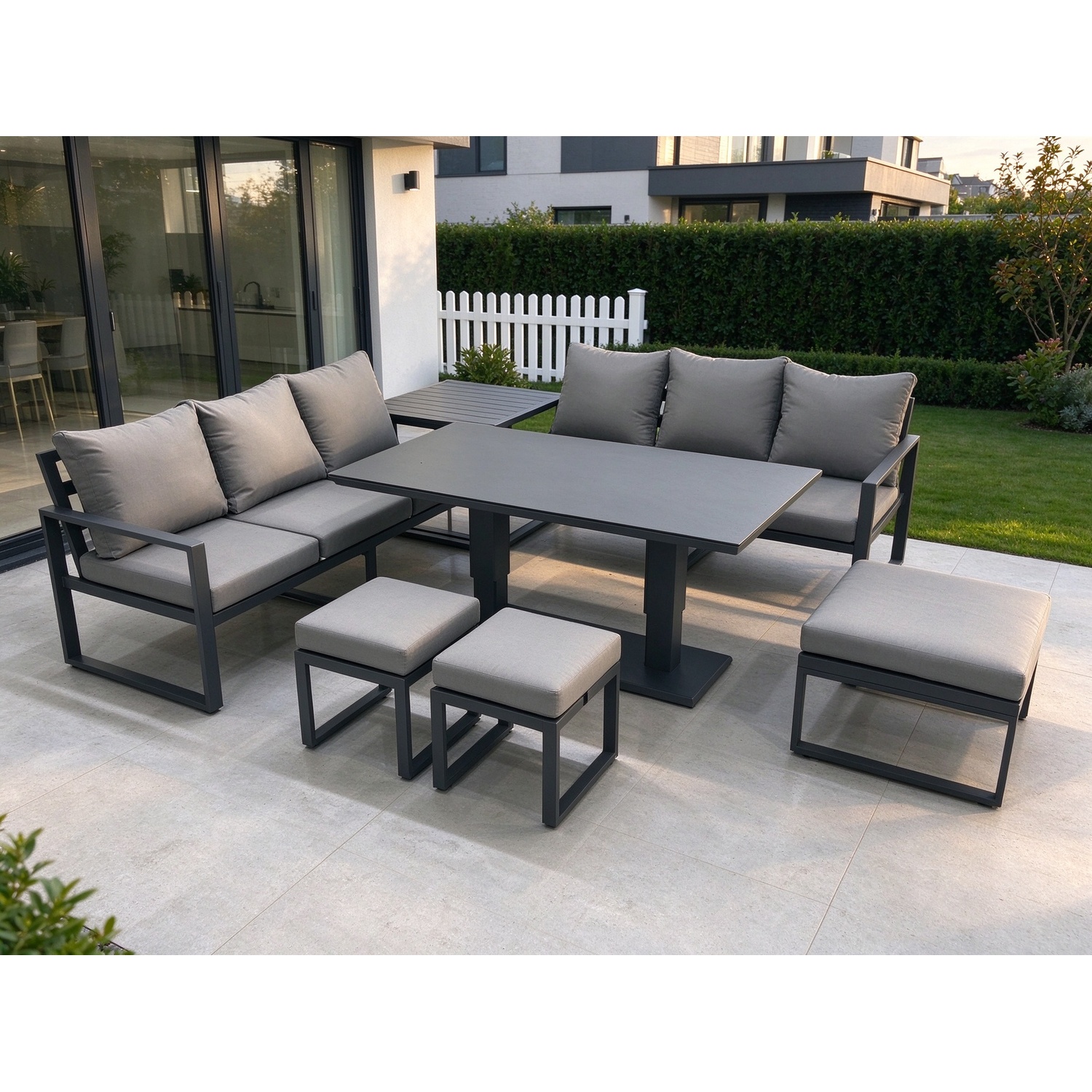 Rackhams Dark/Grey 9 Seater Aluminium Outdoor Garden Furniture Set With Adjustable Rising Lifting Dining Table 3 Seater Sofa 3 Footstools Side Table - Image 2