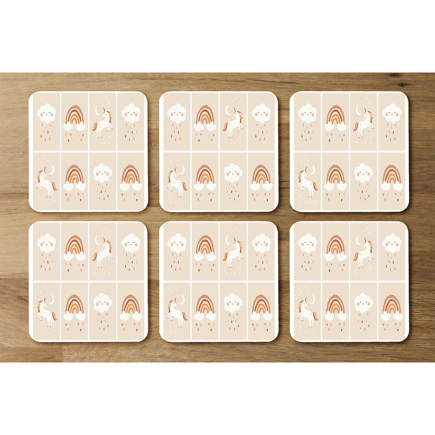 Cute Hand Drawn Unicorn, Rainbow and Cloud Designer Coaster Set - Brown