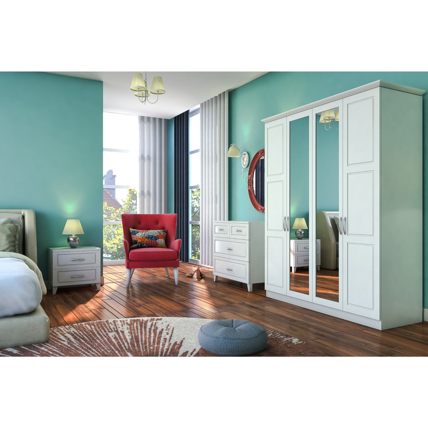 Ines 4 Door Mirrored White Wardrobe - White