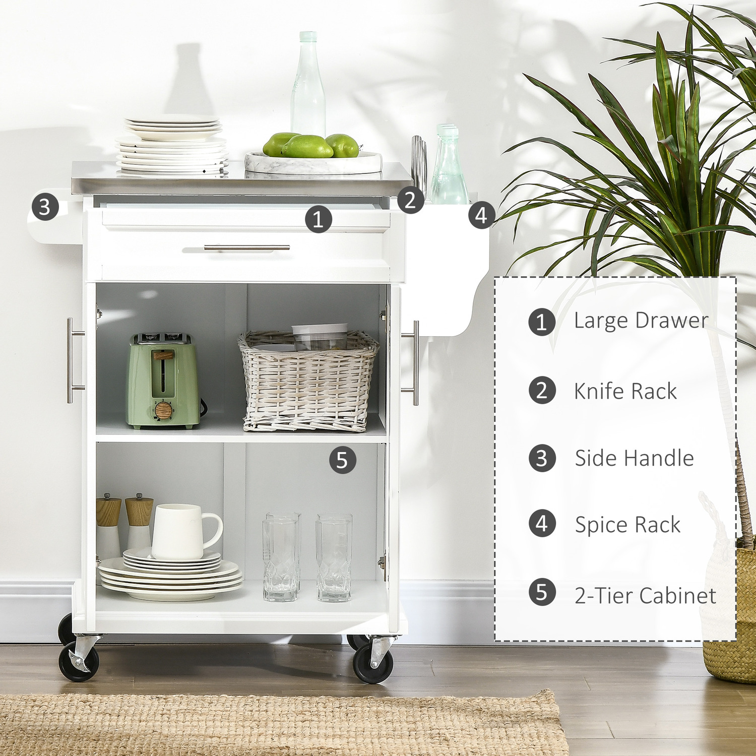 Homcom Kitchen Cart Storage Trolley With Drawer Cupboard Towel Rail - White