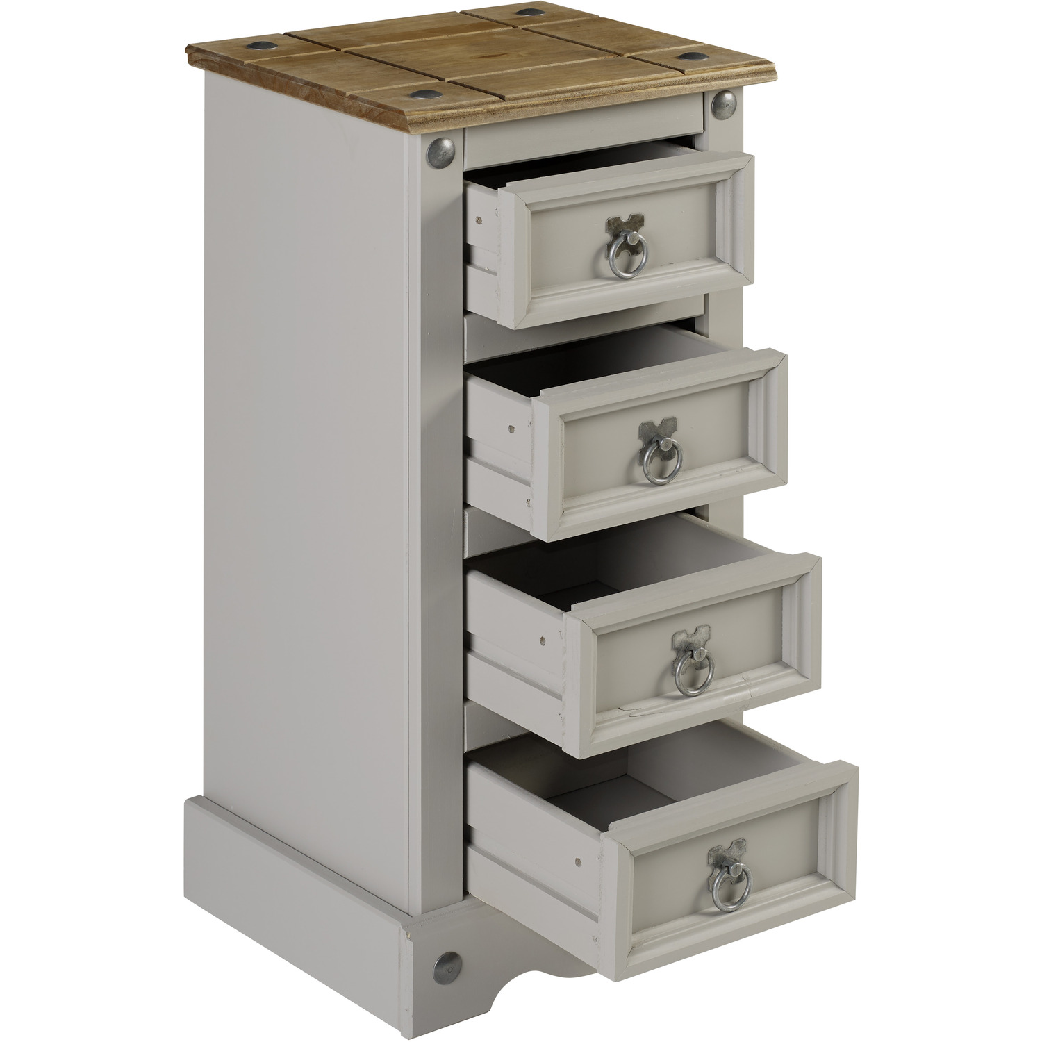 Corona Narrow 4 Drawer Bedside Cabinet Solid Wood Pine Wooden - Grey