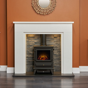 Acantha Rimini White Marble Fireplace  Hudson Electric Stove in Black, 48 Inch