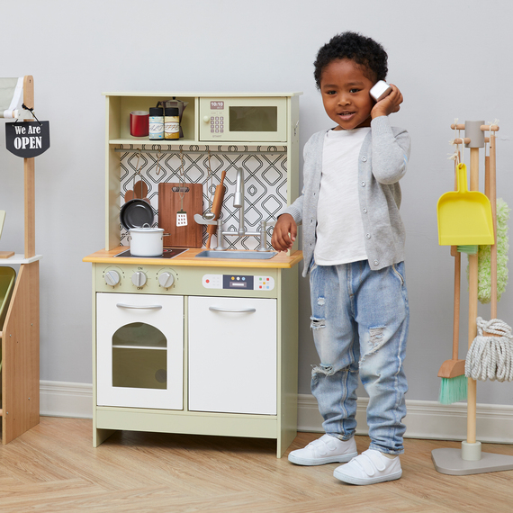 Teamson Kids Little Chef Boston Farmhouse Wooden Kitchen Playset, GreenWhite