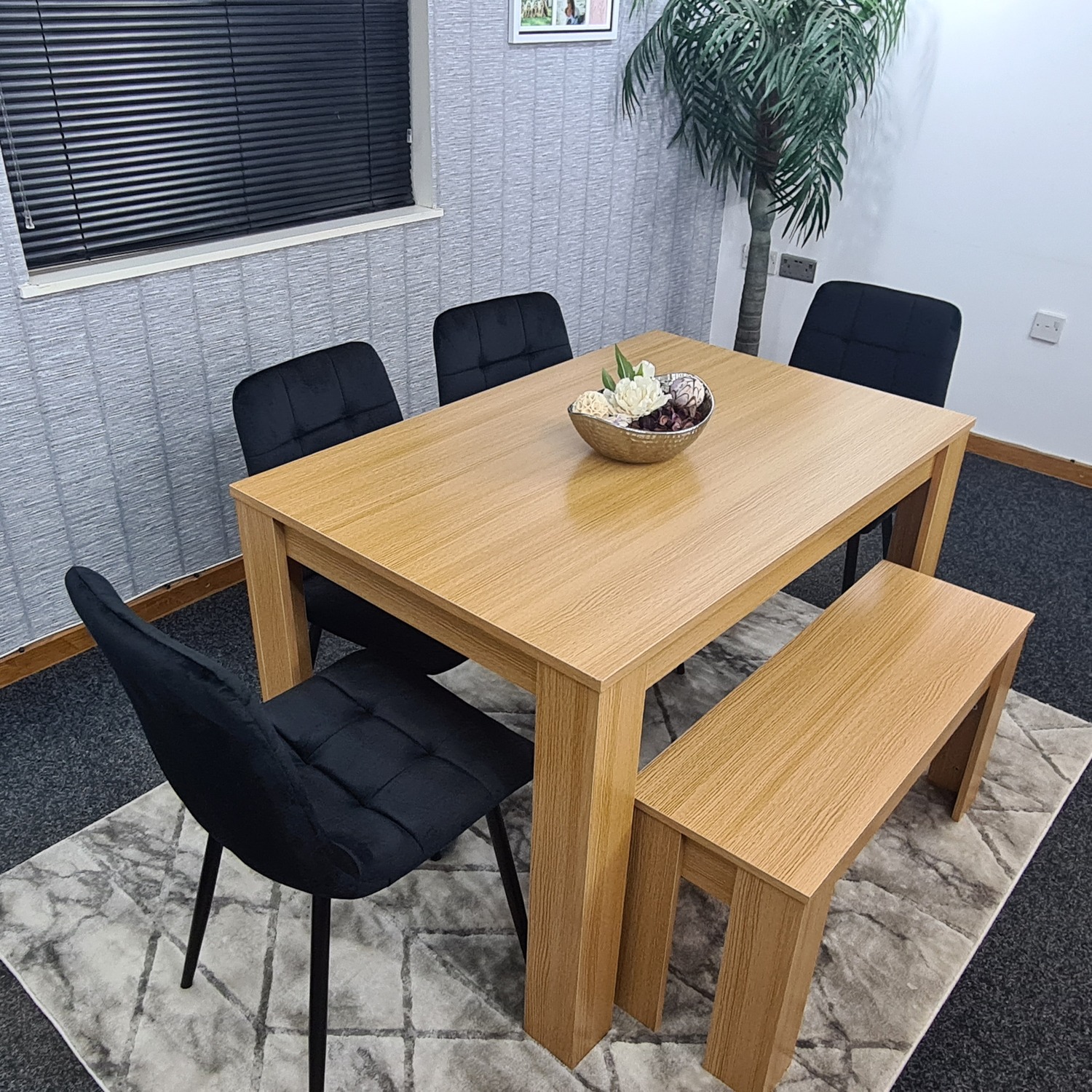 Oak Wooden Table With 4 Tufted Velvet Black Chair and 1 Bench Dining Set