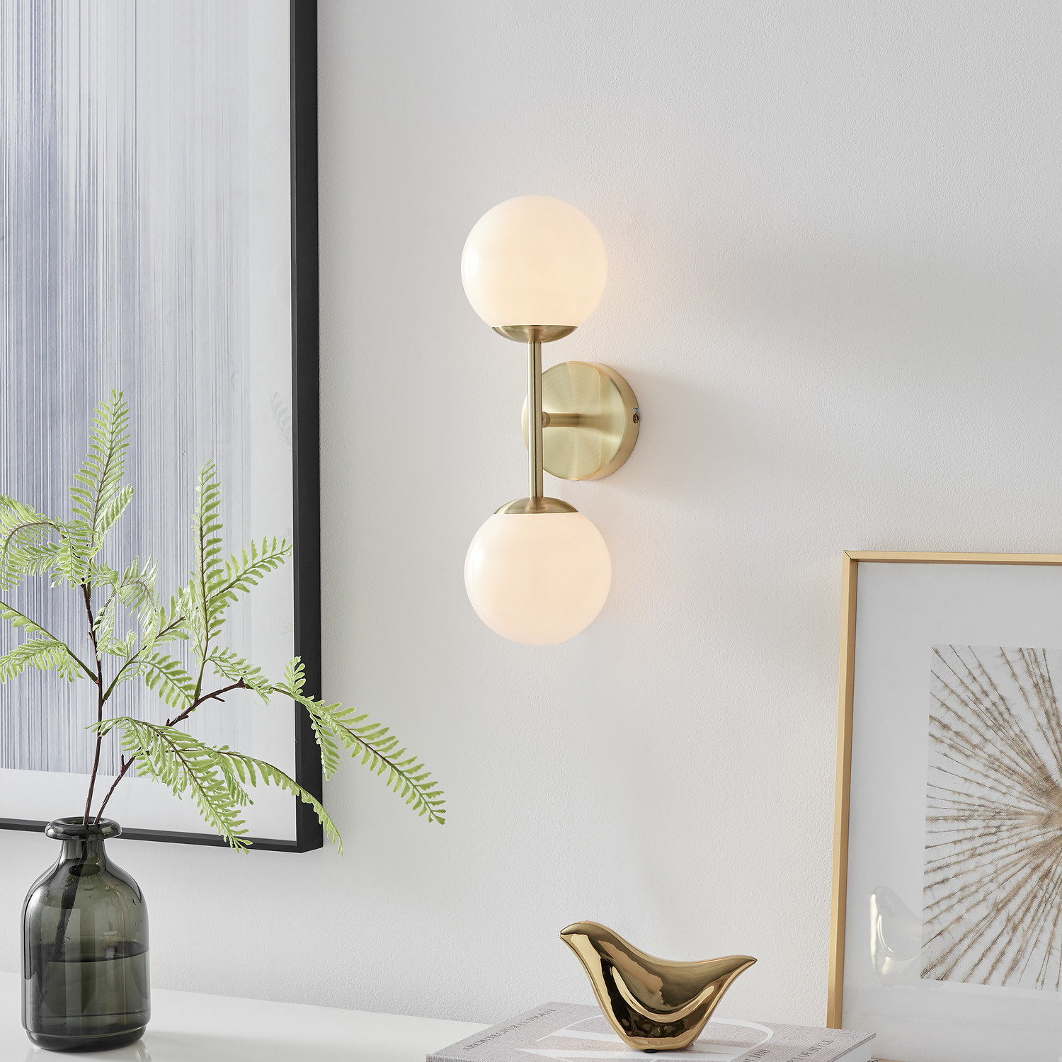 Martha Wall Light Opal Glass Globe Shades and Brushed Brass - White