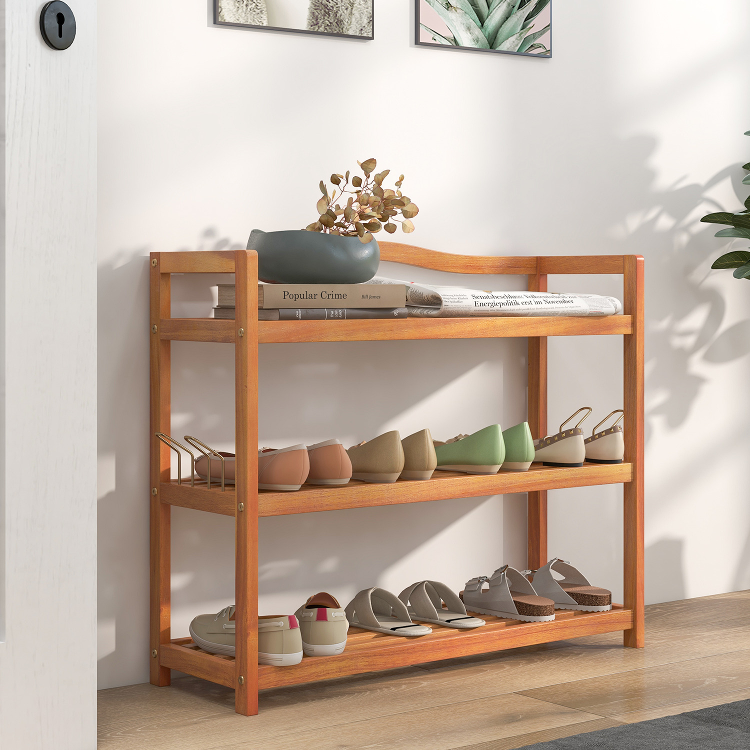 3-Tier Shoe Rack with Side Hooks