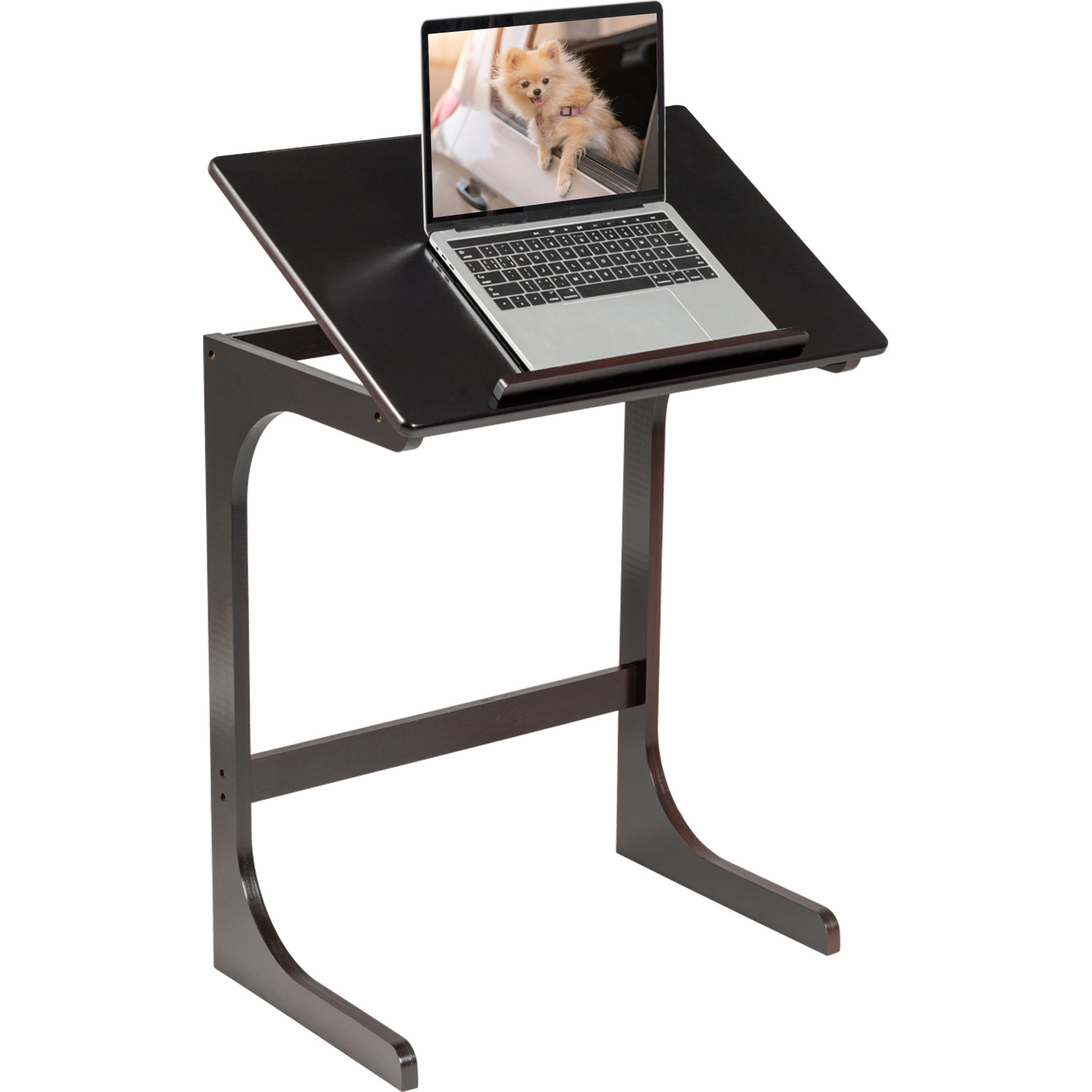 C-shaped Bamboo Sofa Side Table Tilting Top Tv Tray Table - Dark Brown