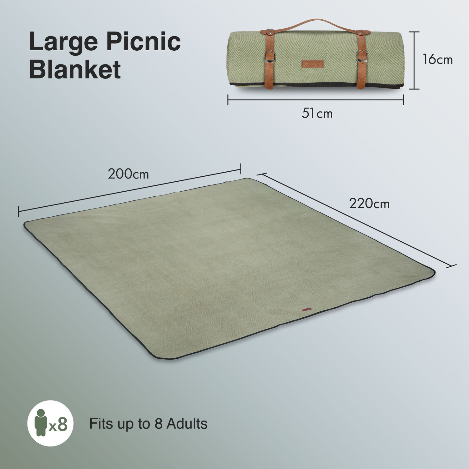 Picnic Blanket With Faux Leather Carry Handle - Green 220cm
