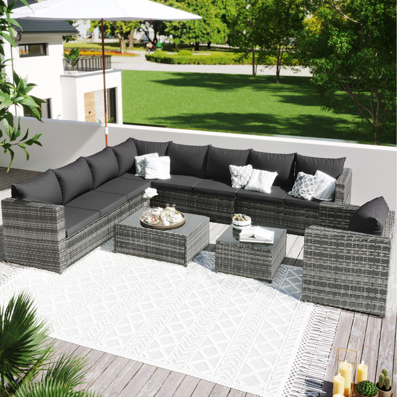 9 Seater Large Rattan Outdoor Garden Corner Sofa Set Patio Dining Set - Grey
