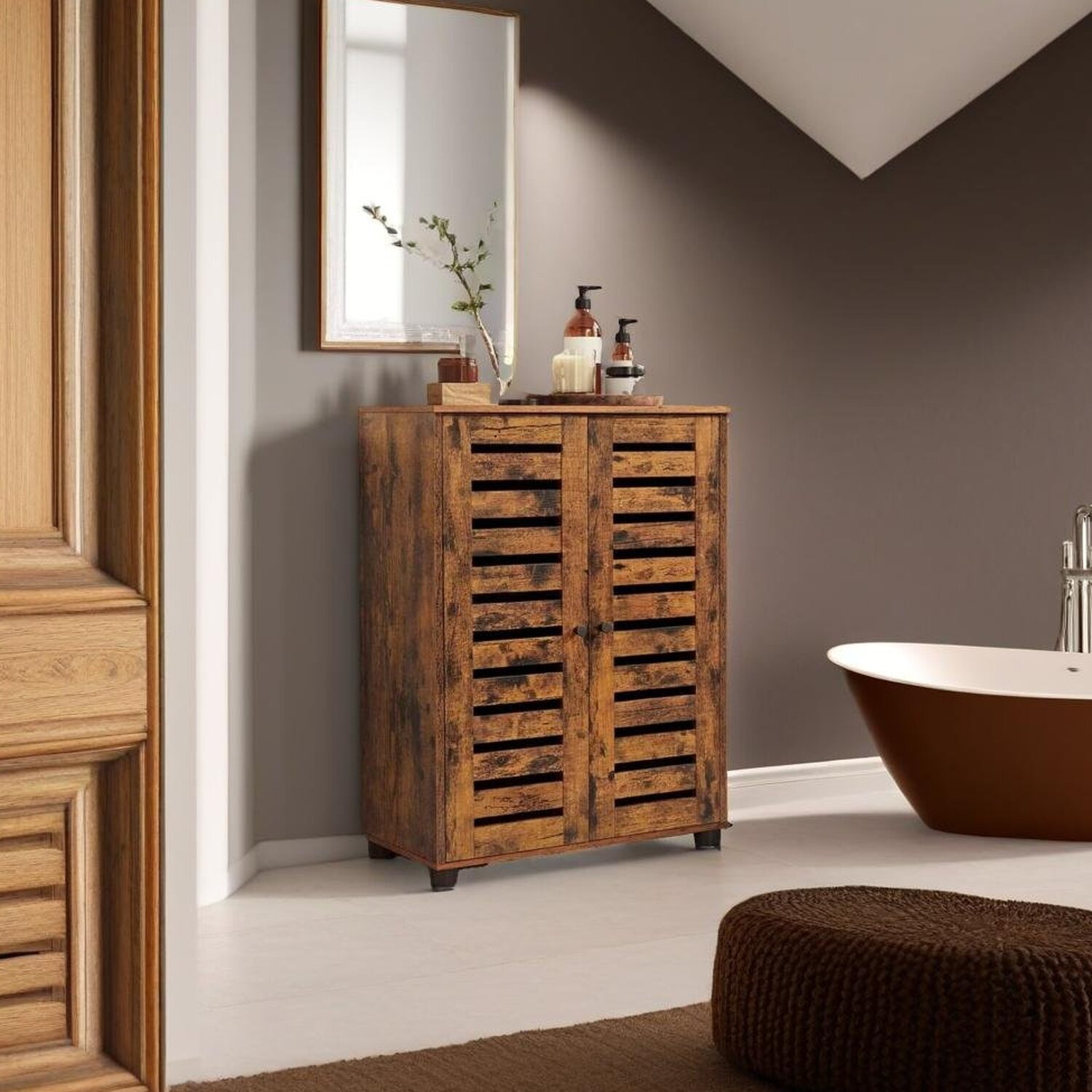 Bathroom Floor Cabinet Unit With Doors - Brown