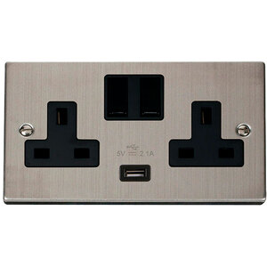 Stainless Steel 2 Gang 13A 1 USB Twin Double Switched Plug Socket