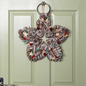 35cm Frosted Hanging Christmas Star Wreath with Red Bells Wooden Stars