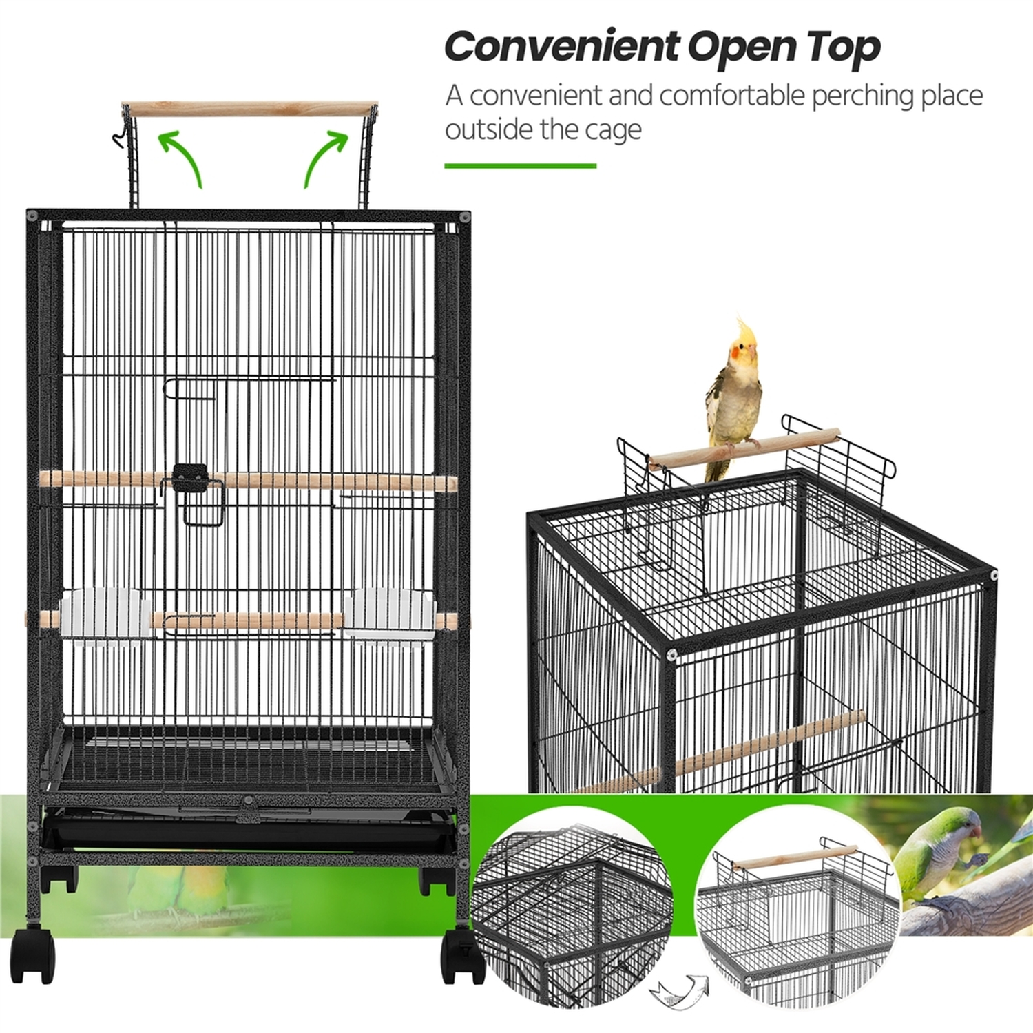 Image showcasing Open Top Parrot Cage with Rolling Wheels