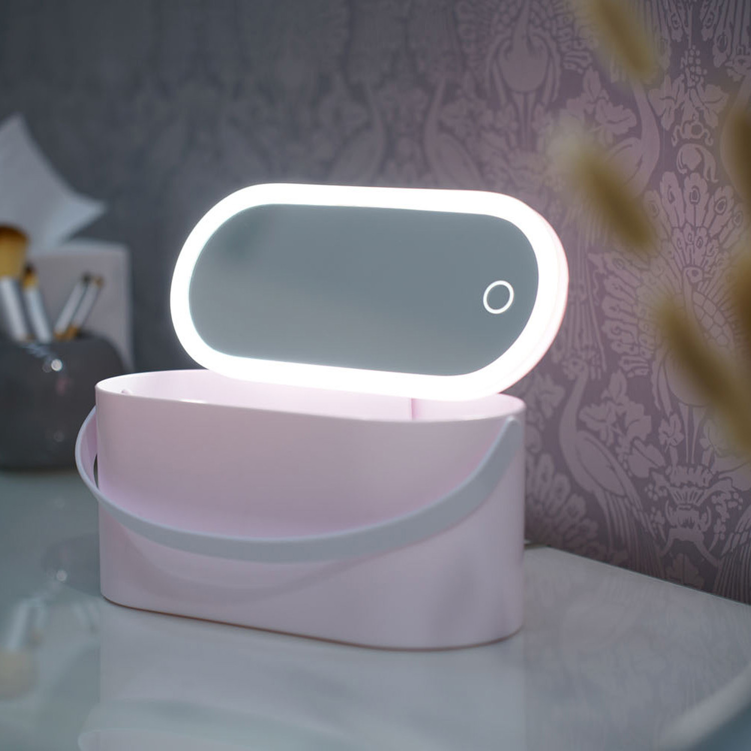 Led Make Up Mirror With Storage Carry Box - White
