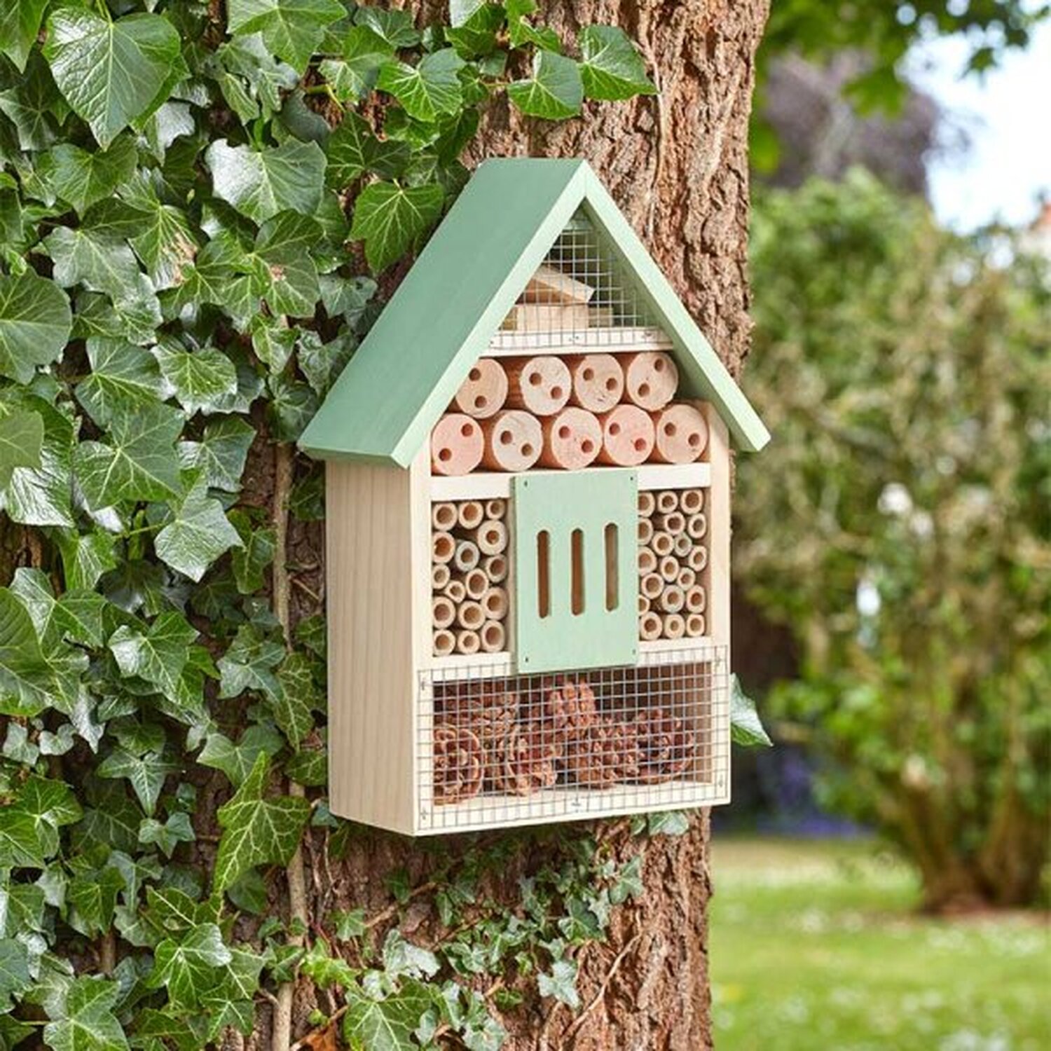Image of Wooden Insect Bee Hous - Green,Brown