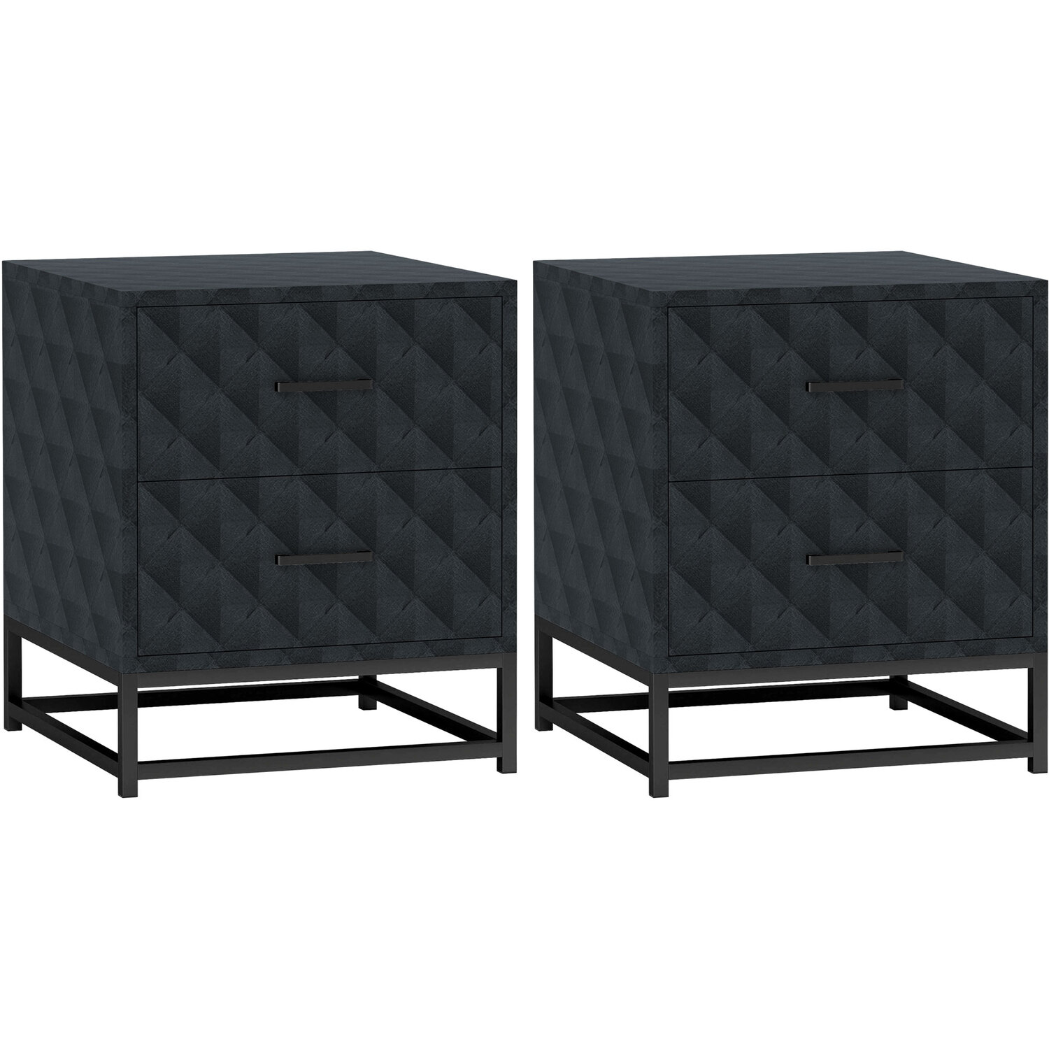 Homcom Bedside Table Side Table Set With Diamond Patterned Veneer - Black