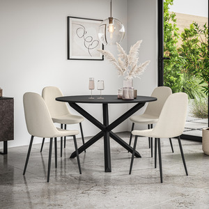 Malvern Round Black Dining Table Set w Black Oak Legs w 4-6 Maya Boucle Chair