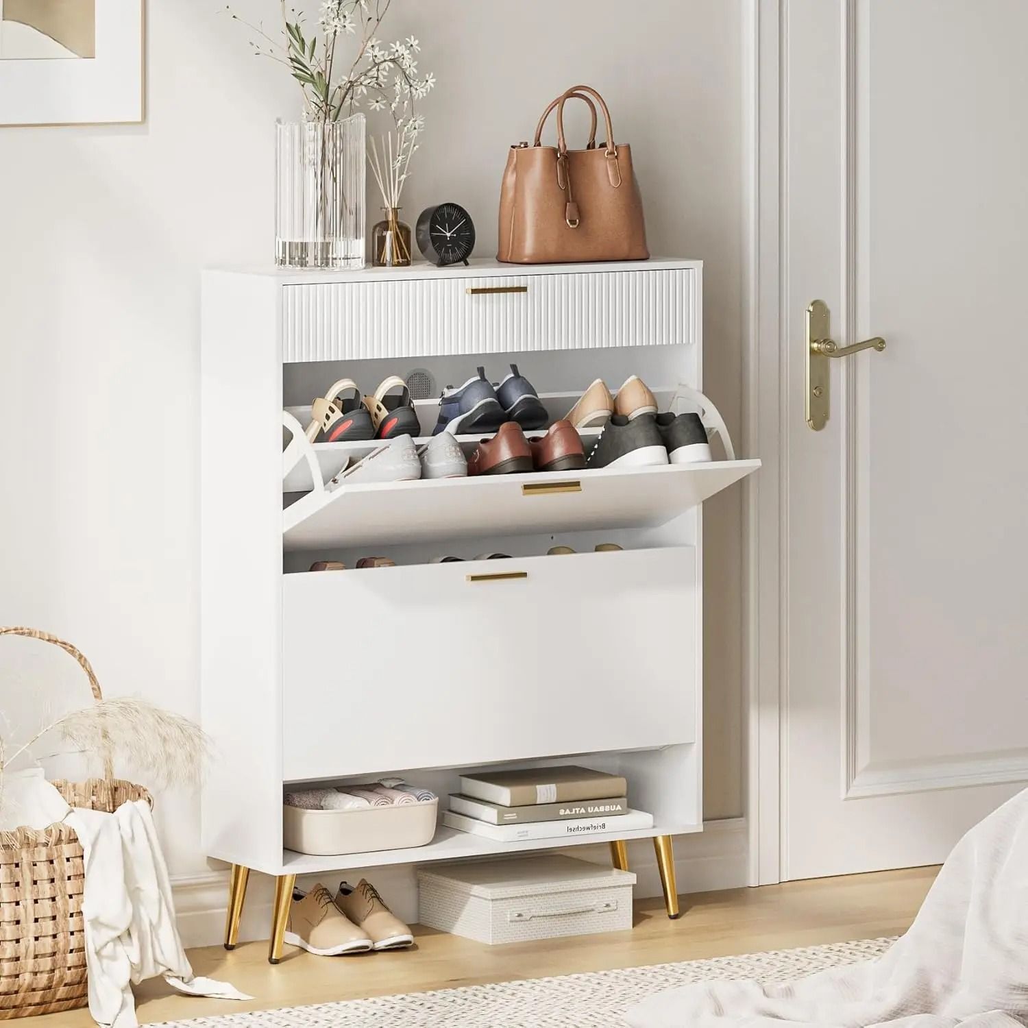 Shoe Cabinet Storage With 2 Flip Drawers White - White