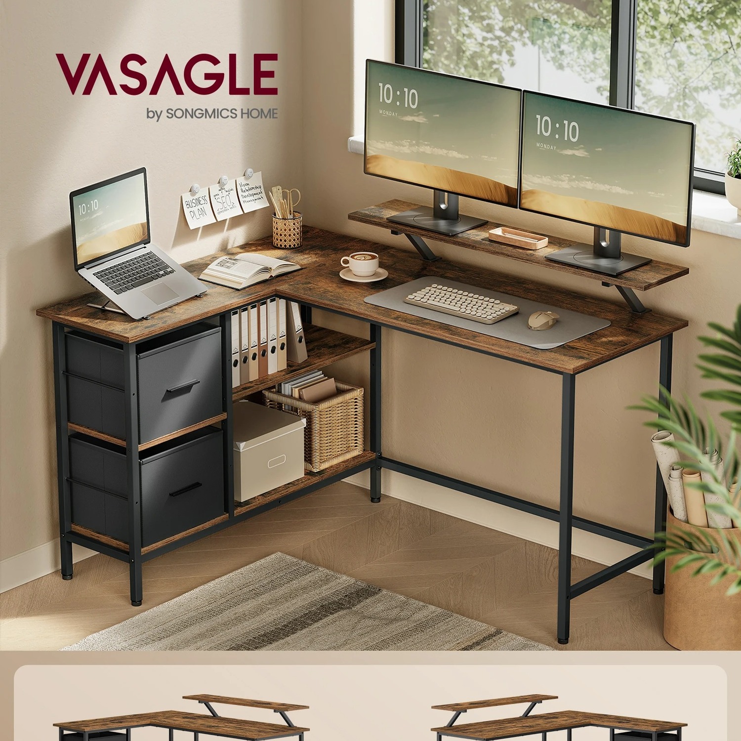 Corner Desk With Drawers And Monitor Stand - Brown 115cm
