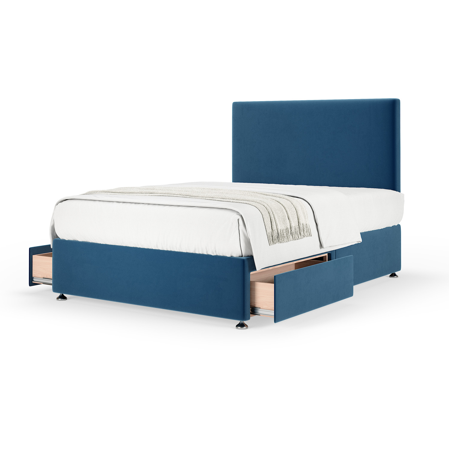 Plush Velvet Divan Base With Storage And Plain Headboard - Marine Blue Double 40kg