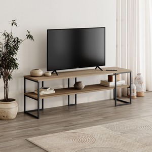 Natural Oak Modern TV Unit Open Shelf Metal Frame Black Wood, Plywood shot 10977110