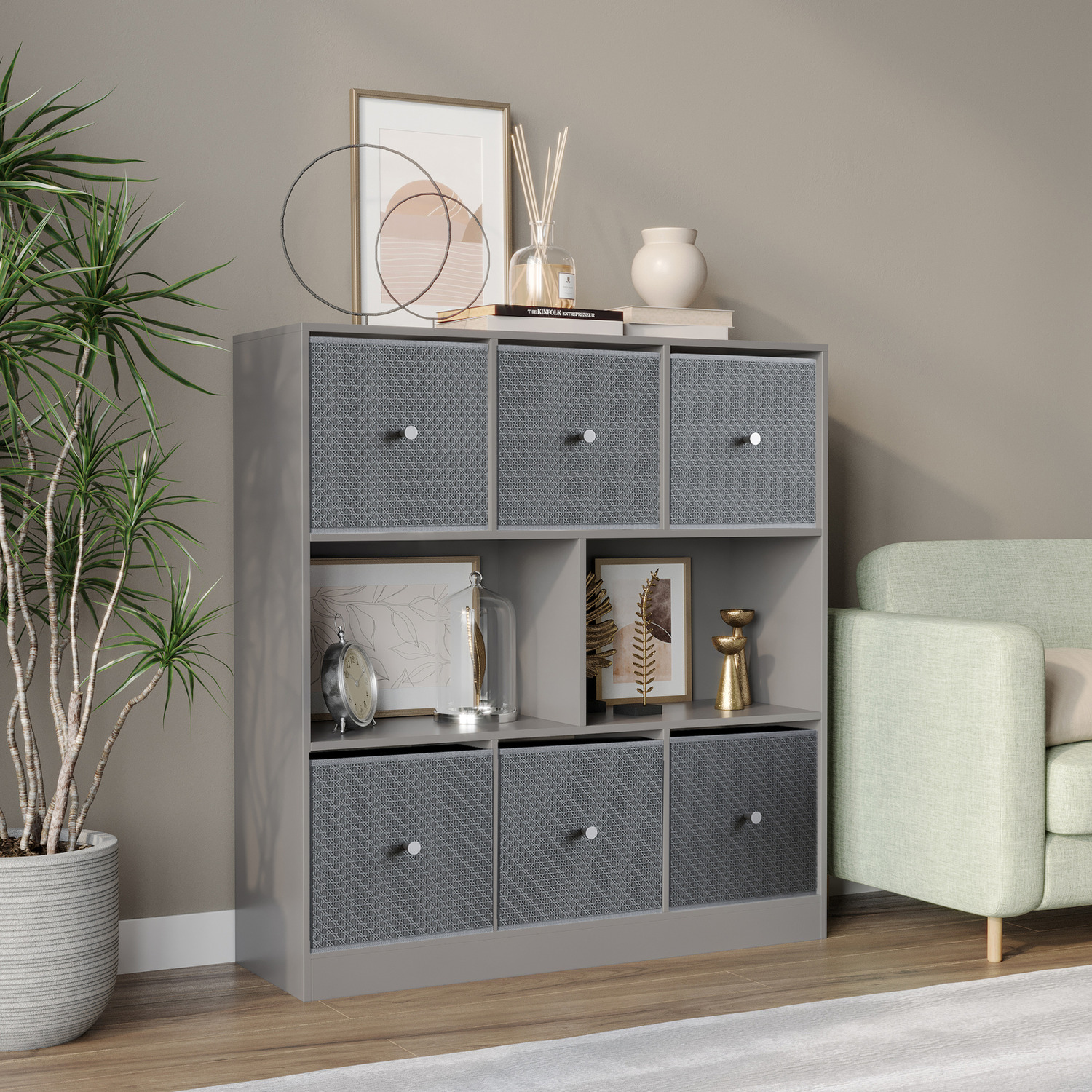 8 Grey Cube Bookcase With 6 Fabric Storage Drawers Inserts - Light Grey Drawer