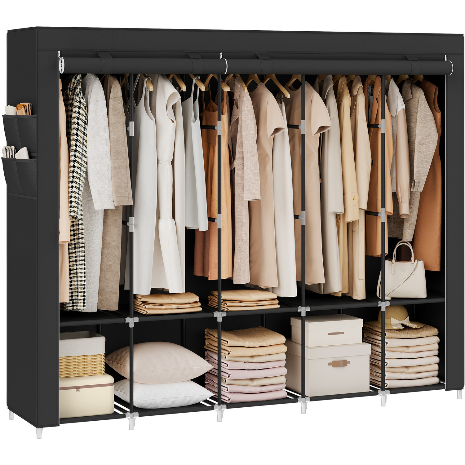 Portable Fabric Wardrobe with Rails Shelves Pockets